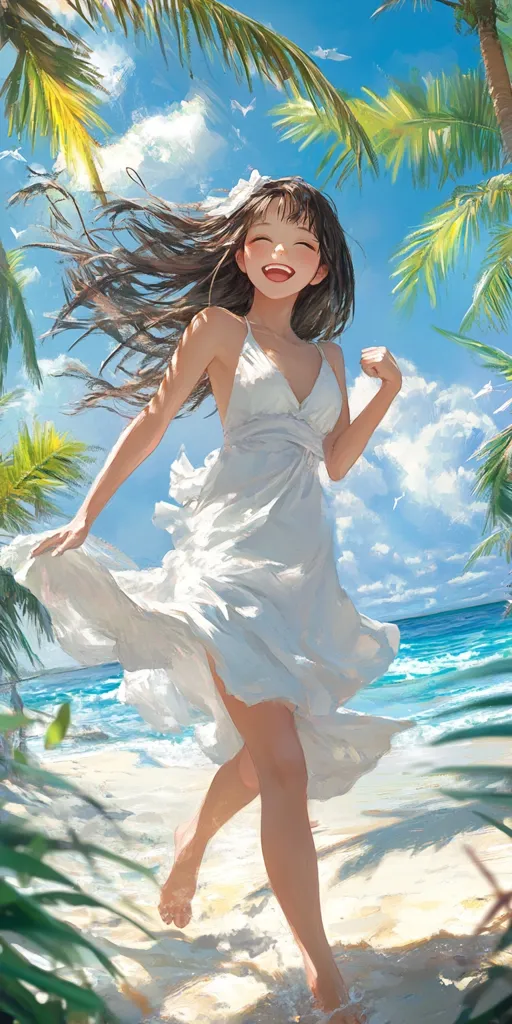 A young woman with long brown hair, wearing a white dress, runs joyfully along a sandy beach. She is smiling brightly, her hair flowing behind her. The scene is idyllic, with palm trees swaying gently in the background and blue skies overhead. The sun shines brightly, casting a warm glow over the beach. The woman's happy expression suggests that she is enjoying her time at the beach.