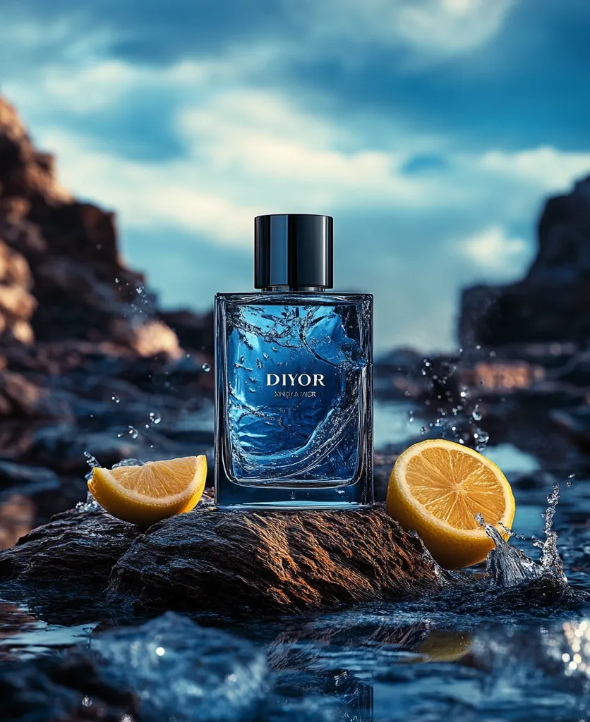 A bottle of "DIYOR" men's cologne sits on a rock in a stream of water. The bottle is blue and has a black cap, and the name is printed in gold. The water is splashing around the bottle, and there are two lemon slices in the foreground. The background is a blurry image of a rocky shore and a blue sky with white clouds. The photo evokes a sense of freshness and masculinity.