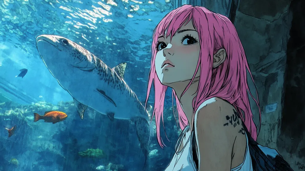 The image features a young woman with long pink hair, gazing upwards at a large shark swimming in a tank. The woman is standing close to the tank, her face filled with a mixture of awe and wonder. The shark, with its spotted grey body and sharp teeth, is a majestic creature. The background is a blurry blue of the tank's water, creating a dreamy atmosphere. The scene is a captivating portrait of a woman captivated by the beauty of the ocean's depths.