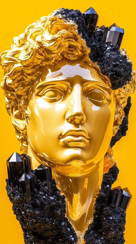 A golden bust of a man's head is set against a bright yellow background.  The bust is adorned with black crystals that cover half of the man's face and neck.  The crystals are sharp and jagged, contrasting with the smooth, golden surface of the bust.  The man's expression is serious and thoughtful, with a hint of melancholy in his eyes. The gold and black colors create a striking visual contrast, highlighting the beauty of both the bust and the crystals.