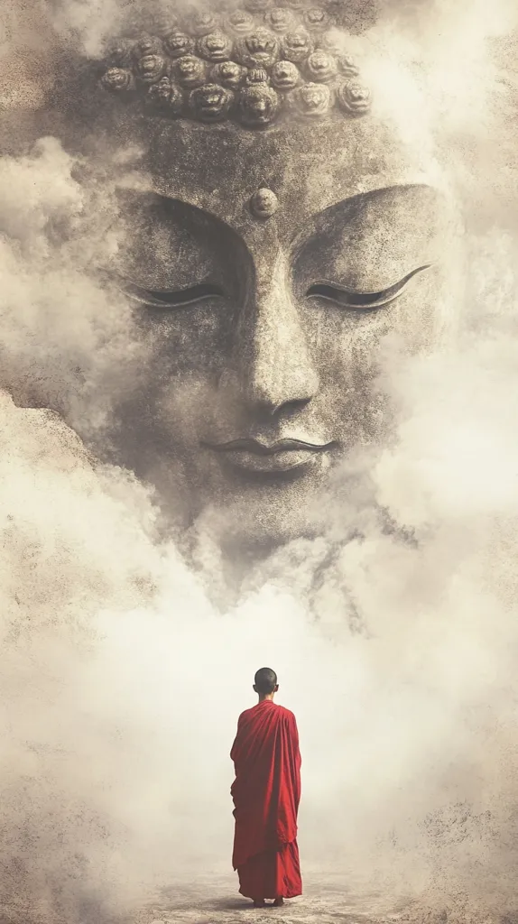 The image shows a large, stone Buddha face partially obscured by clouds. The Buddha has closed eyes and a peaceful expression, creating a sense of serenity. In the foreground, a monk in a red robe stands with his back to the viewer, facing the Buddha.  The scene evokes a sense of contemplation and spiritual journey.