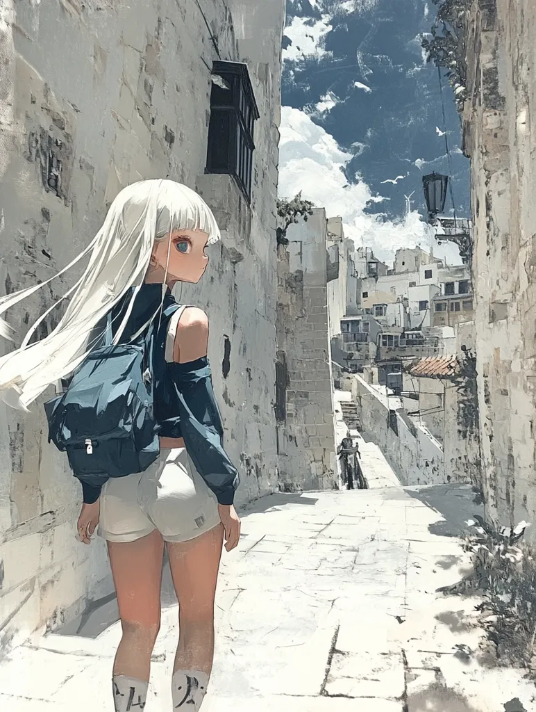 A young woman with long white hair walks down a narrow street in a white-walled city. She is wearing a blue jacket, white shorts, and a backpack. The street is lined with stone buildings and steps leading up to a small plaza in the distance. The sky is bright blue with white clouds. The image is rendered in a soft, painterly style.