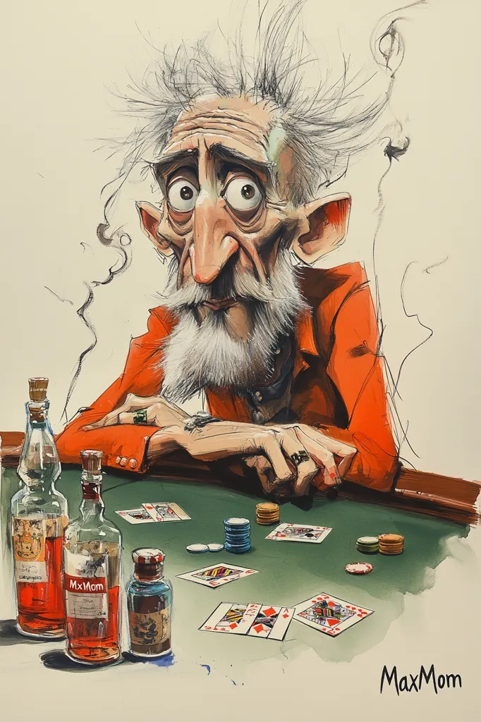 A caricature of a man with a long white beard and wild hair sits at a table, his elbows resting on the surface. He has a contemplative expression, looking down at the table. There are three bottles, playing cards, and poker chips scattered around him. The image is drawn in a cartoonish style with exaggerated features. The artist's signature, "MaxMom," is at the bottom of the image.