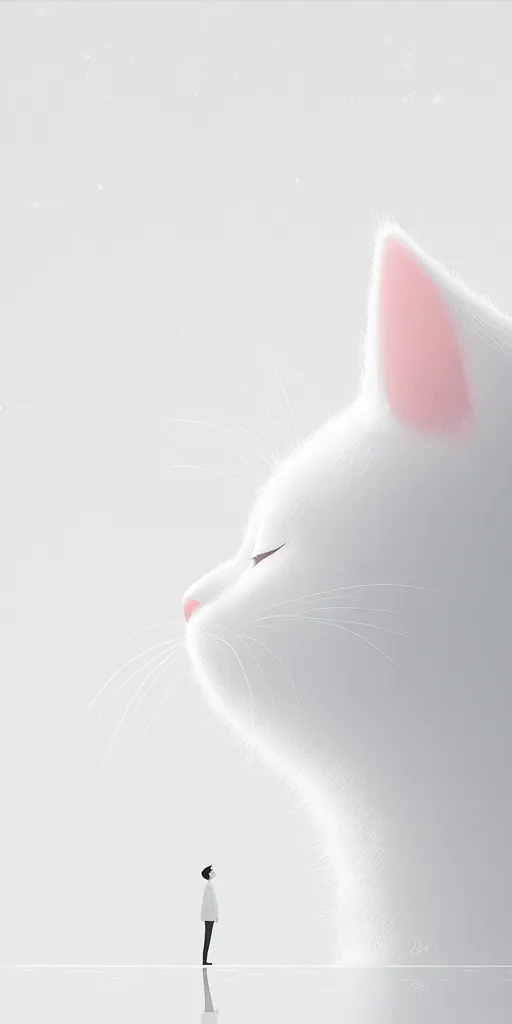 A small,  silhouetted person stands in awe beneath a large, white cat. The cat's head is turned to the side, its eyes closed, as if sleeping. The background is a soft white, with delicate lines of texture around the cat. The image conveys a sense of peace and wonder.