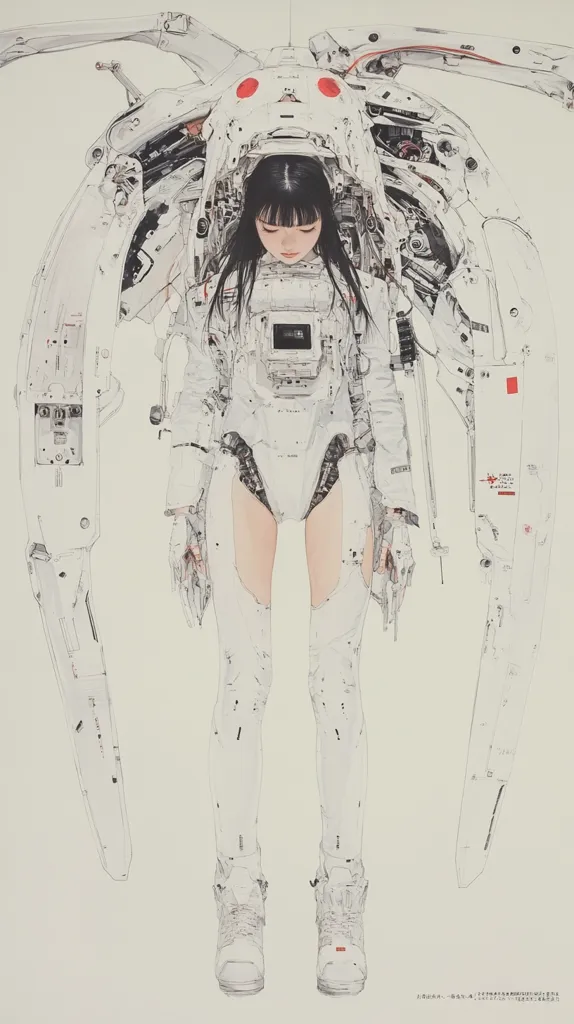 A young woman in a white, futuristic suit stands within a skeletal, mechanical structure that resembles wings. The suit is intricately detailed, with visible mechanical elements and a boxy panel on her chest. She has long black hair and her eyes are downcast. The background is a pale gray, and the image has a minimalist, almost unfinished feel.