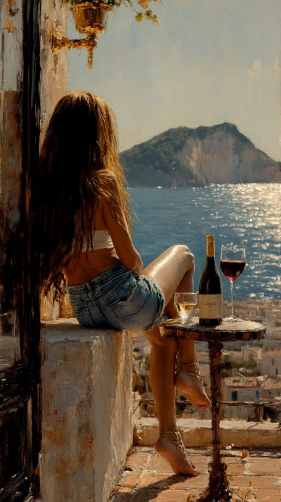 A woman with long brown hair sits on a stone ledge, her legs dangling over the edge. She wears a white tank top and denim shorts, and stares out at the ocean.  Behind her, a small table holds a bottle of wine and a glass of wine, as well as a glass of something clear.  The scene is painted with a painterly style, giving the image a soft, dreamlike feel.  The background features a distant island and a vast expanse of sparkling blue water.  The overall atmosphere is peaceful and serene.
