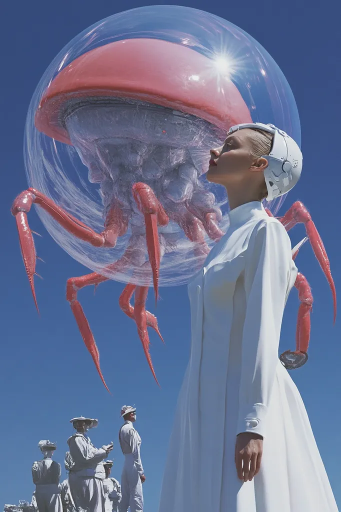 A large, pink, bioluminescent creature, resembling a jellyfish with long, red appendages, hovers over a woman in a white dress and helmet. The creature is enclosed in a transparent, spherical dome. The woman gazes upwards at the creature, her expression a mix of wonder and apprehension. In the background, several figures dressed in white stand on a sandy ground, observing the spectacle. The sky is a clear blue, creating a stark contrast against the vibrant colors of the scene.  The image conveys a sense of mystery and the potential for both awe and danger in encountering an alien life form.