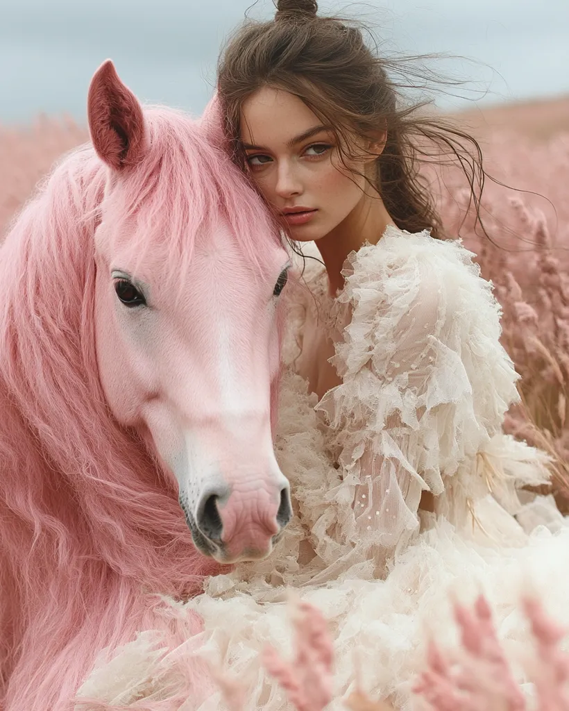 A young woman with long brown hair, wearing a flowing white dress with intricate lace detailing, leans against a pink horse. The woman's hair is tousled by the wind, and her eyes are focused on the camera. The horse's pink mane and coat are soft and fluffy, and its head is tilted slightly towards the woman. The scene is set against a backdrop of soft pink and purple flowers, creating a romantic and ethereal atmosphere.