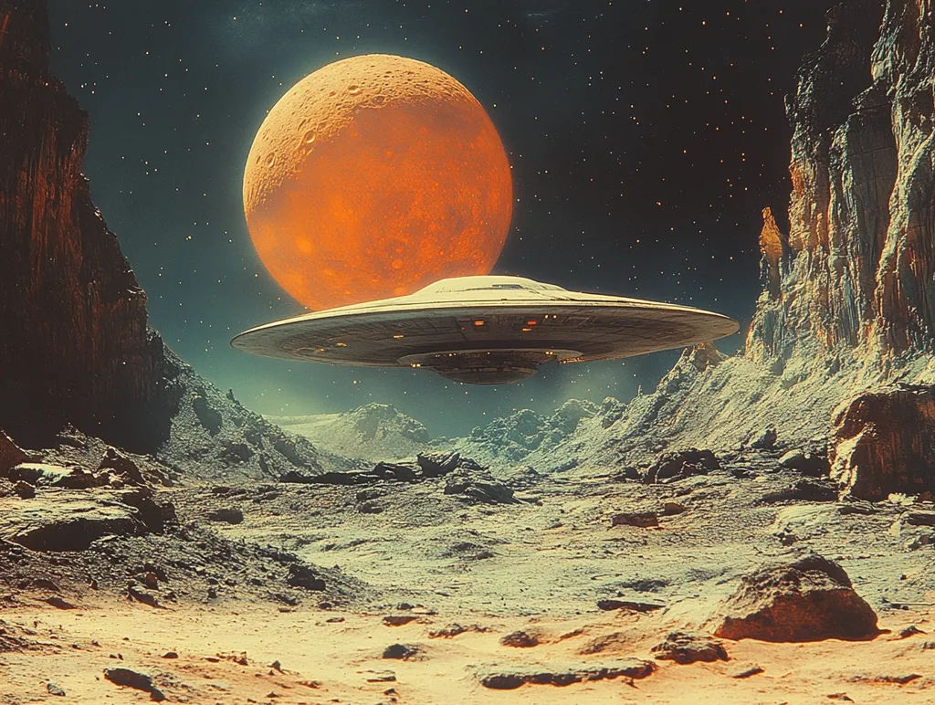 A UFO hovers over a desolate, rocky alien landscape. A large, orange moon hangs in the sky above, casting an orange glow across the scene. The stars twinkle in the dark background. The image suggests a sense of mystery and wonder, as if we have just caught a glimpse of something extraordinary. The colors are muted and slightly faded, adding to the retro-futuristic vibe of the scene.
