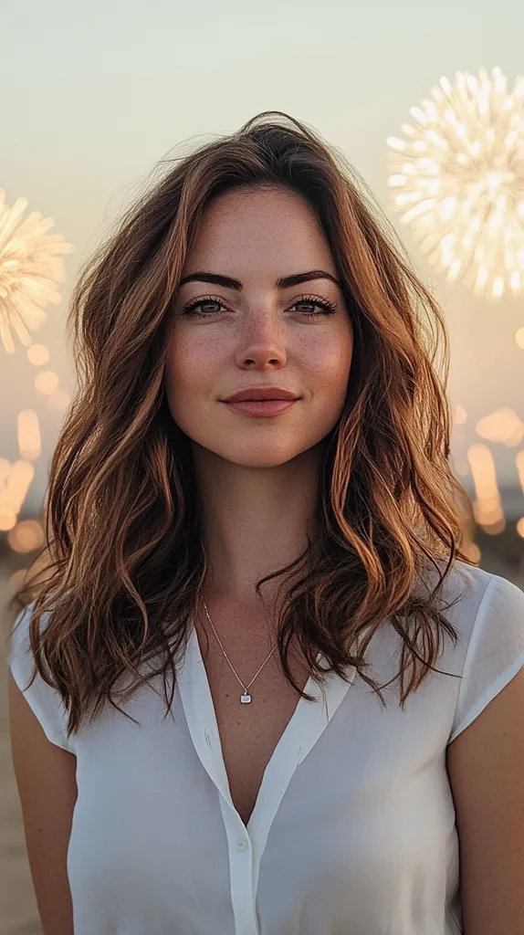 A woman with long brown wavy hair is wearing a white blouse and a silver necklace with a small pendant. She has a soft smile on her face and is looking directly at the camera. There are blurry lights in the background, possibly from fireworks. The overall tone of the image is soft and romantic.