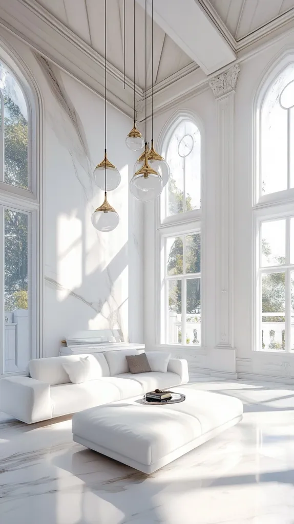 A spacious, white living room with tall arched windows overlooking a lush, green garden. The room is bathed in natural light streaming through the windows, illuminating the white marble floor and the sleek, white furniture.  A set of elegant, gold-trimmed pendant lights hang from the high ceiling, adding a touch of luxury to the minimalist design.  The room is calm and inviting, perfect for relaxation and contemplation.