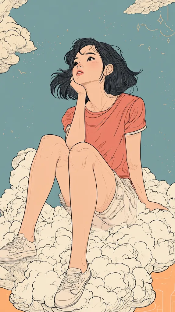 The image is a cartoon illustration of a young woman with black hair sitting on a cloud. She is wearing a pink t-shirt and white shorts and is looking up at the sky. The background is a blue sky with white clouds and stars. The woman's expression is serene and she appears to be lost in thought.  The image is drawn in a minimalist style, with simple lines and colors.
