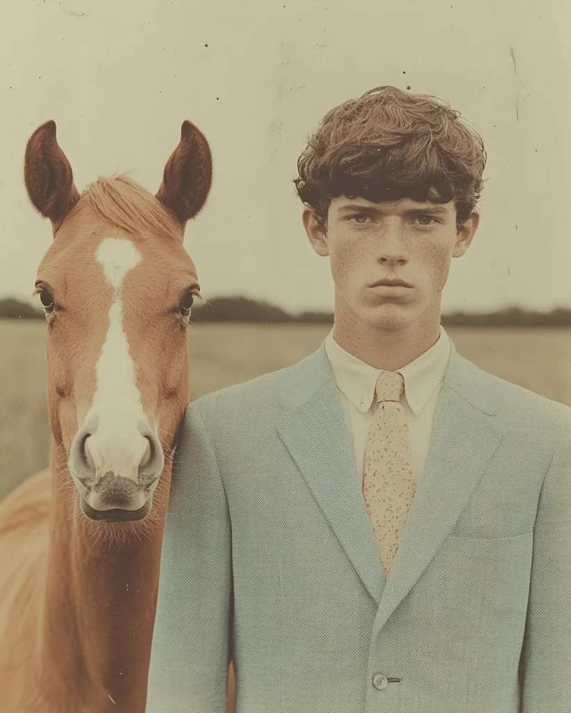A young man in a light blue suit and a patterned tie stands beside a brown horse. The horse's head is close to the man's shoulder, their faces almost touching. The man's expression is serious and his hair is short and tousled. The photograph has a vintage filter applied, giving it a faded and nostalgic feel. The background is blurred, highlighting the two figures in the foreground.
