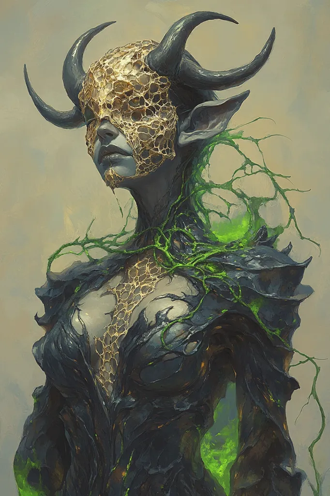 A female creature with large horns and pointed ears is depicted. Her skin is a dark gray, and she wears a golden, honeycomb-like mask over the upper half of her face. Her body is covered in a dark, textured suit that resembles bark or stone, with green, vine-like tendrils wrapping around it.  She has an intense, yet melancholic expression. The background is a muted beige.  The overall effect is one of otherworldly beauty and power.