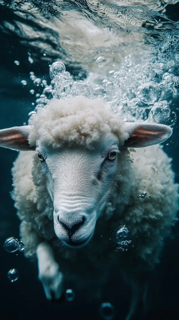 A white sheep with its head and upper body submerged in water. The water is dark blue and has bubbles rising up around the sheep. The sheep's eyes are visible and it has a calm expression. The image is a surreal and unexpected sight, suggesting the sheep is swimming underwater.