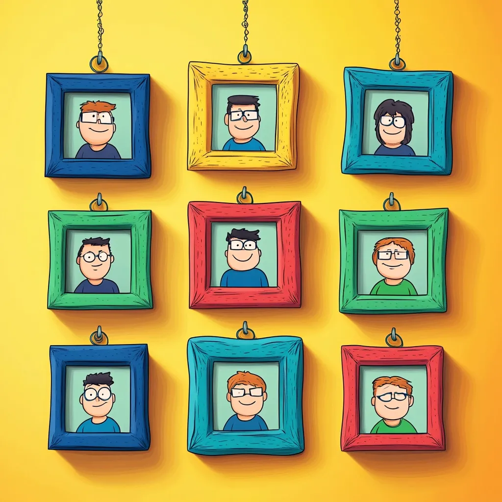 Nine colorful picture frames hang from the ceiling on a yellow wall. Each frame contains a cartoon portrait of a person with glasses and a friendly smile. The frames are arranged in three rows of three, with alternating colors: blue, yellow, red, green, blue, red, green, yellow, and blue. The frames are all slightly different sizes and shapes, adding to the whimsical feel of the image.  The overall impression is one of playful fun and lightheartedness.