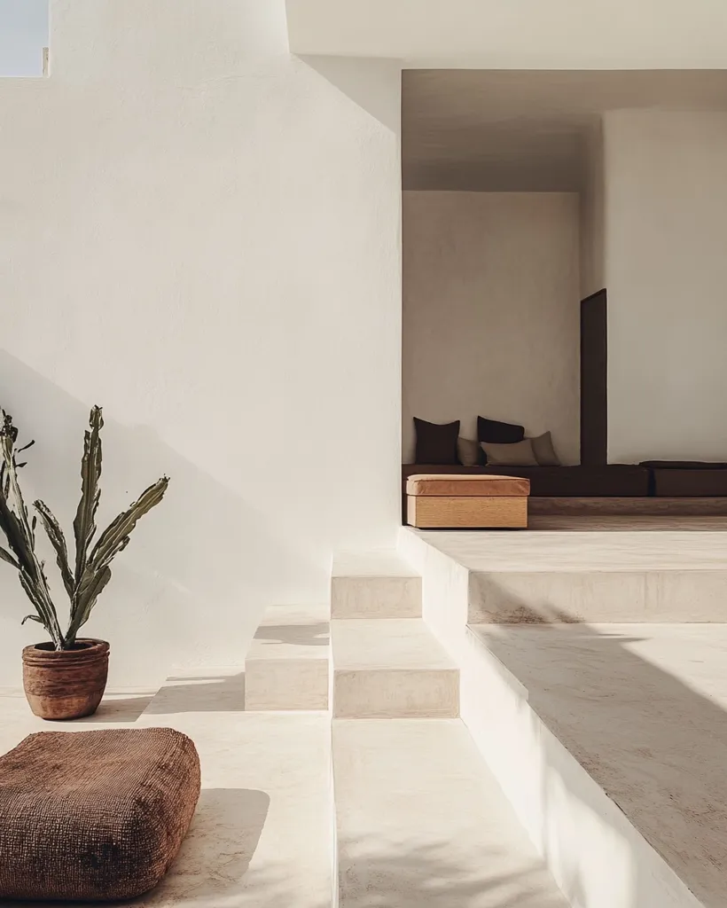 A minimalist patio with a set of concrete steps leading to a sun-drenched room with a large window and a brown ottoman. The steps cast long shadows on the white tile floor. A potted cactus plant stands in the foreground. The scene is calming and inviting, with a focus on clean lines and natural light.