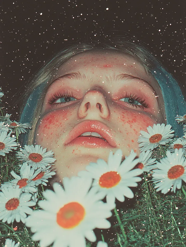 A young woman with rosy cheeks and blue eyes lies among a bed of white daisies, gazing up at a night sky sprinkled with stars. Her lips are painted a soft pink, and her skin shimmers with a delicate glow. The scene is both whimsical and serene, capturing a moment of peace and tranquility. The image evokes a sense of beauty and innocence, inviting viewers to lose themselves in the dreamlike atmosphere.