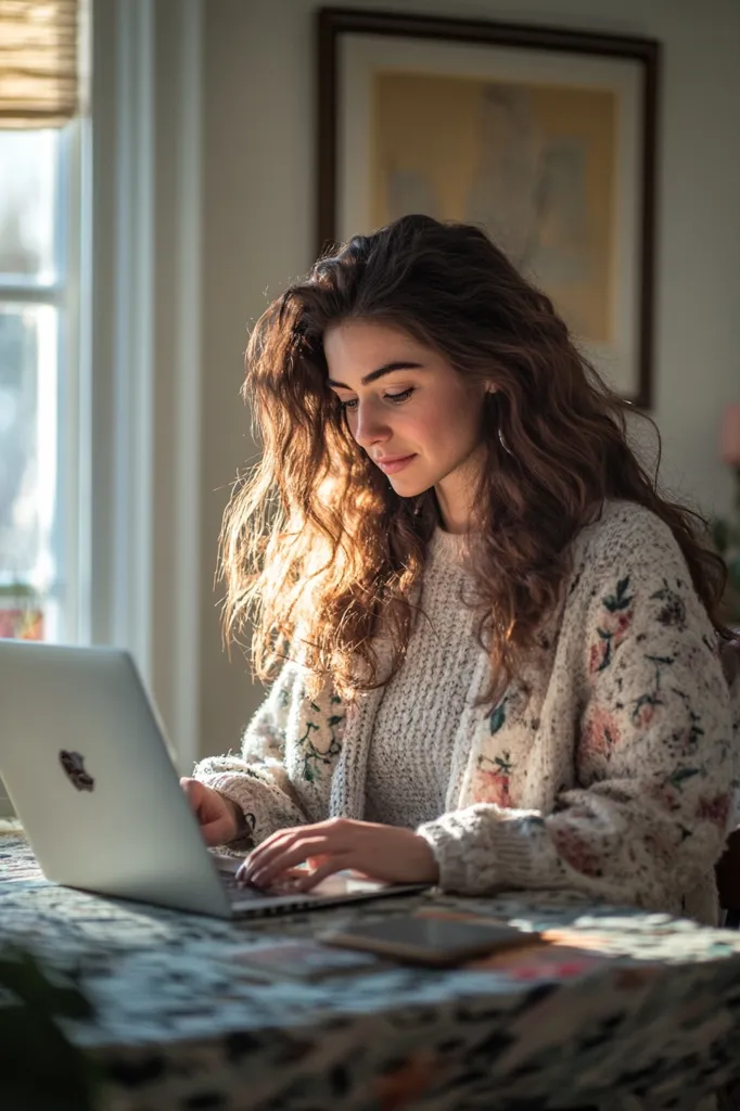 A young woman with long curly brown hair sits at a table, working on a laptop. She is wearing a white sweater and a floral cardigan, and is focused on her screen. The table is covered in a white tablecloth, and there are other items on the table, such as a phone and a notebook. The woman is in a home setting, with a window and a picture frame in the background.  The natural light from the window illuminates the scene.  She is focused on her work, and the overall feeling of the image is one of peace and tranquility.
