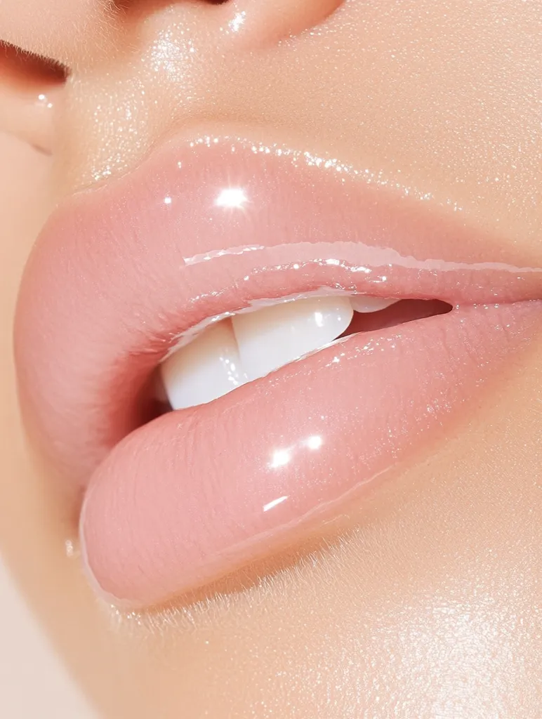 The image shows a close-up of a person's lips. The lips are full and plump, and they are coated in a shiny, translucent gloss. The gloss creates a wet, glistening look that highlights the natural contours of the lips. The skin around the lips is smooth and flawless, with a soft, radiant glow. The overall effect is one of beauty, sensuality, and perfection.