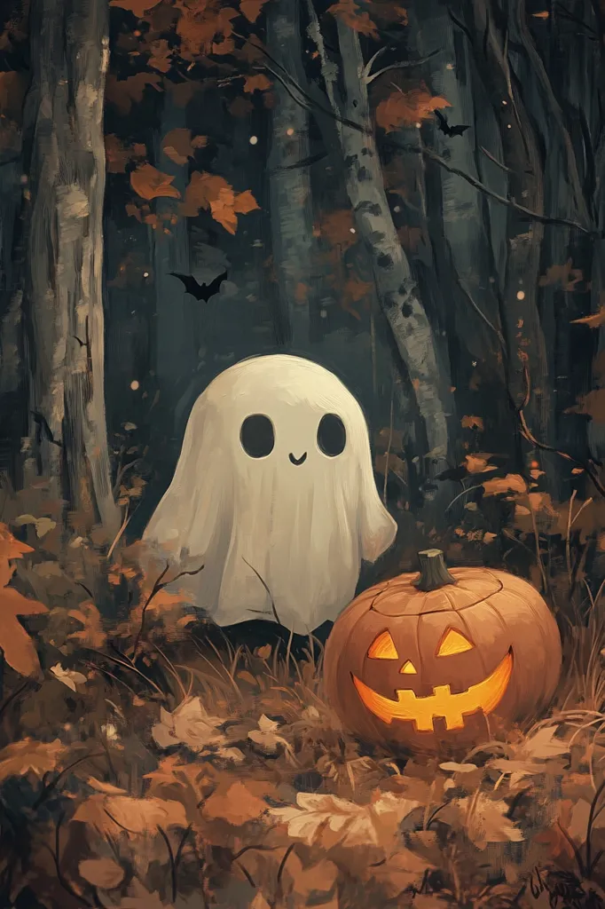 A friendly ghost with big eyes and a small smile stands in the middle of a dark, autumnal forest. It is next to a lit jack-o'-lantern with a wide, toothy grin. Fallen leaves and tall trees surround them, creating a spooky but charming Halloween scene.  The forest is dimly lit by the glow of the pumpkin, casting long shadows.  The image evokes a feeling of playful Halloween spirit.