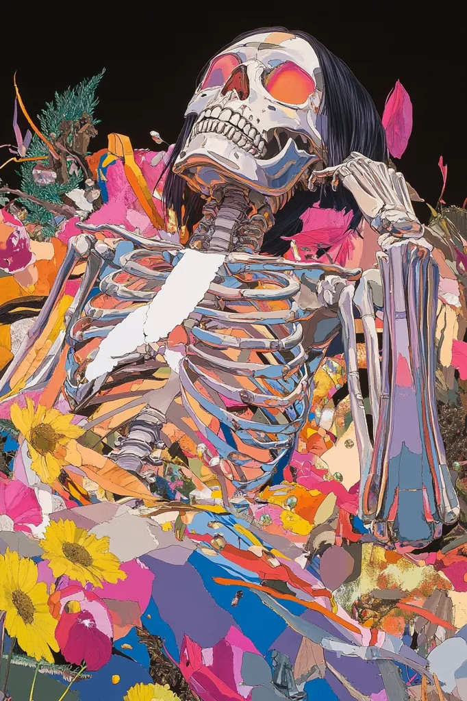 A silver skeleton with a human skull sits in a vibrant garden of pink, yellow, blue, and orange flowers. The flowers are a vibrant contrast to the metallic skeleton and create a surreal and whimsical atmosphere. The background is a dark, almost black, which further highlights the bright colors of the image.