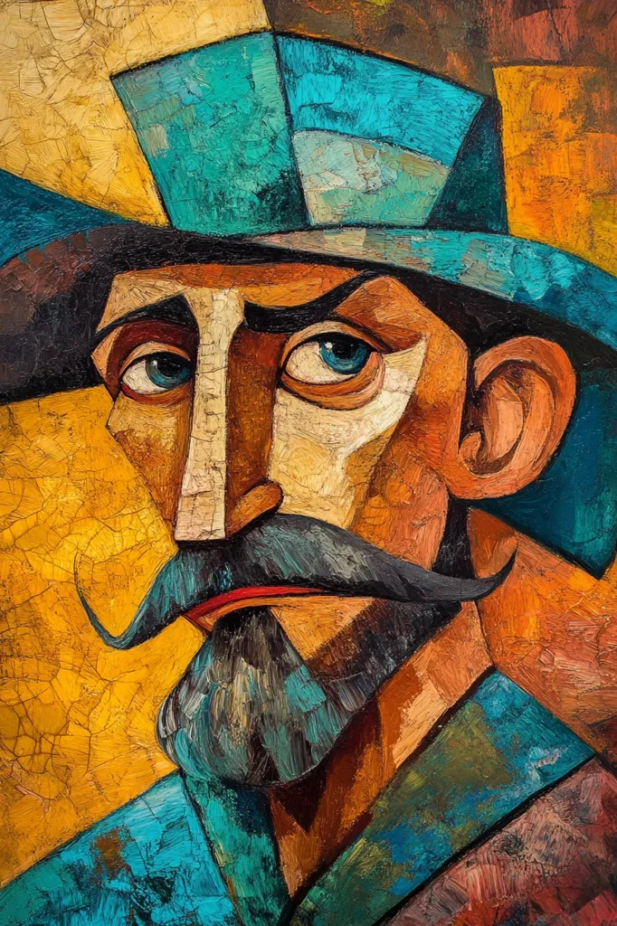 The painting is a close-up portrait of a man with a prominent mustache and beard. He is wearing a blue hat that casts a shadow over his face. The artist has used bold, geometric shapes and contrasting colors to create a cubist style. The background is a textured yellow and orange. The man's expression is serious, almost stoic.  The painting is full of energy and emotion.