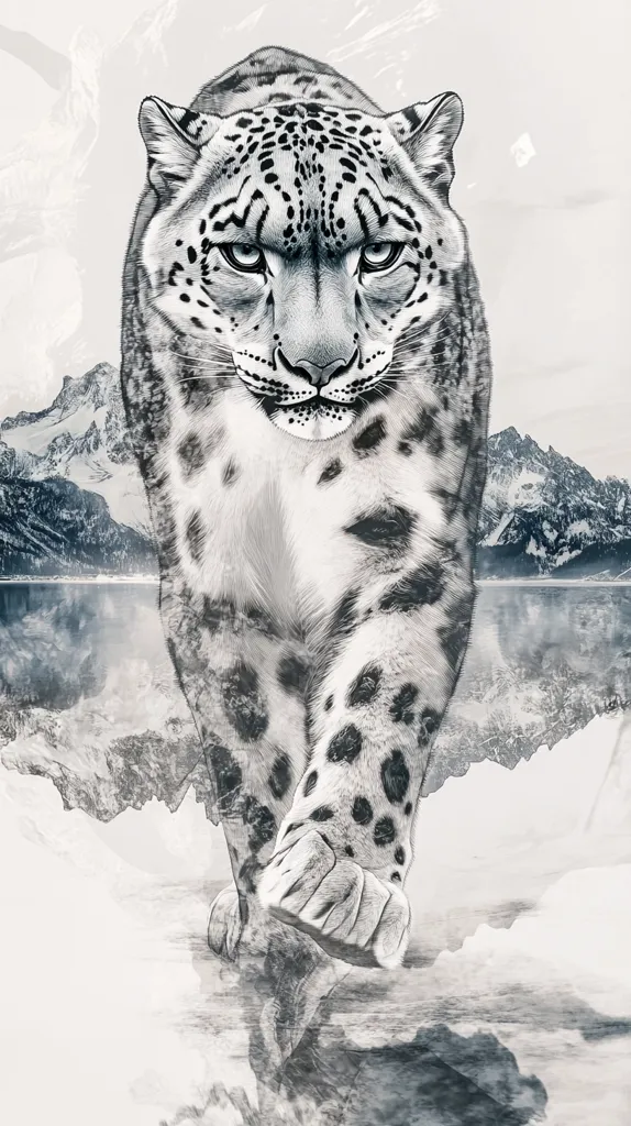 The image is a black and white illustration of a snow leopard walking towards the viewer. It is set against a background of snowy mountains and a lake, with a slightly blurred effect. The snow leopard's fur is detailed, with its spots clearly visible. The image has a serene and majestic feel, capturing the grace and power of this beautiful animal.