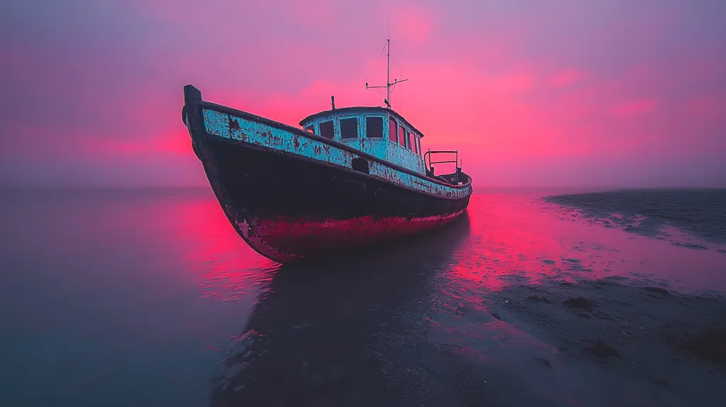 A weathered, blue and black fishing boat sits beached on a sandy shore. The water is a vibrant pink, reflecting the colours of the setting sun.  The sky is a soft purple and pink, and a light mist hangs in the air. The scene is calm and peaceful, with the boat looking like a lone sentinel against the breathtaking backdrop.