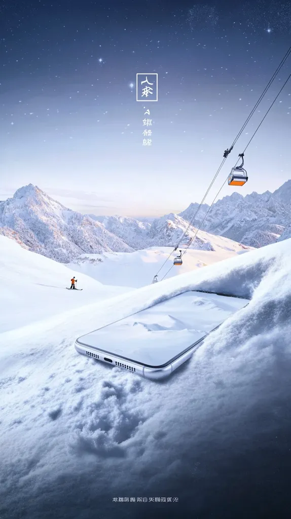 A sleek, white smartphone rests partially submerged in snow, its screen reflecting a snowy mountain landscape. In the background, a ski lift carries passengers against a sky dotted with stars. The image evokes a sense of serenity and tranquility, with the phone symbolizing connection and technology in a pristine natural environment. Chinese characters on the top right corner add a touch of cultural context. The words at the bottom, “Feel the warmth of the sun even in the cold," underscore the phone's ability to connect people and experiences, even in challenging conditions.
