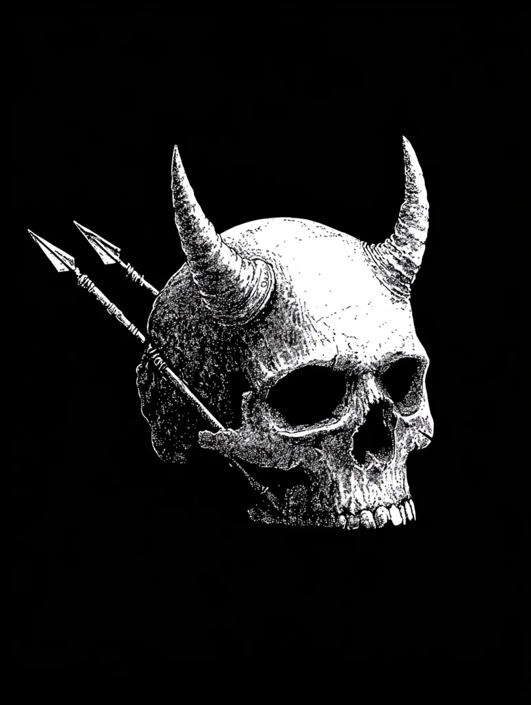 The image is a detailed black and white drawing of a skull with two horns, pierced by three arrows. The skull is depicted in a slightly angled view, showcasing its intricate details, including the eye sockets, nose, and teeth. The arrows are positioned diagonally, adding a sense of drama and tension to the composition. The overall effect is eerie and somewhat macabre, suggesting a sense of danger or rebellion. The image is likely intended to convey a theme of death, darkness, or power.