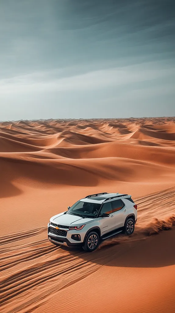 A white SUV drives through a vast, red sand desert. The vehicle kicks up dust as it traverses the undulating landscape, highlighting the rugged terrain. The clear sky above is a stark contrast to the vibrant sand dunes, creating a striking visual composition.  The scene evokes a sense of adventure and exploration.