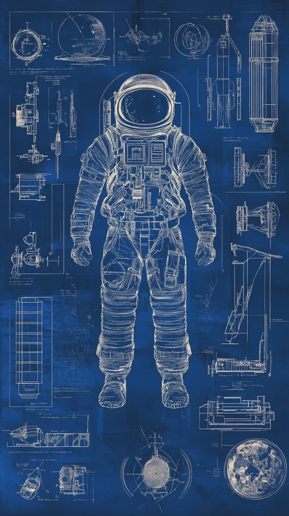The image is a blue blueprint with a detailed drawing of an astronaut in the center. Surrounding the astronaut are technical drawings of various space-related objects, including a rocket, a lunar module, and a spacecraft.  The blueprint is filled with intricate lines, diagrams, and labels, suggesting a meticulous and scientific approach to space exploration.  A faded image of the Earth appears at the bottom right corner, adding a sense of perspective and context to the overall design.