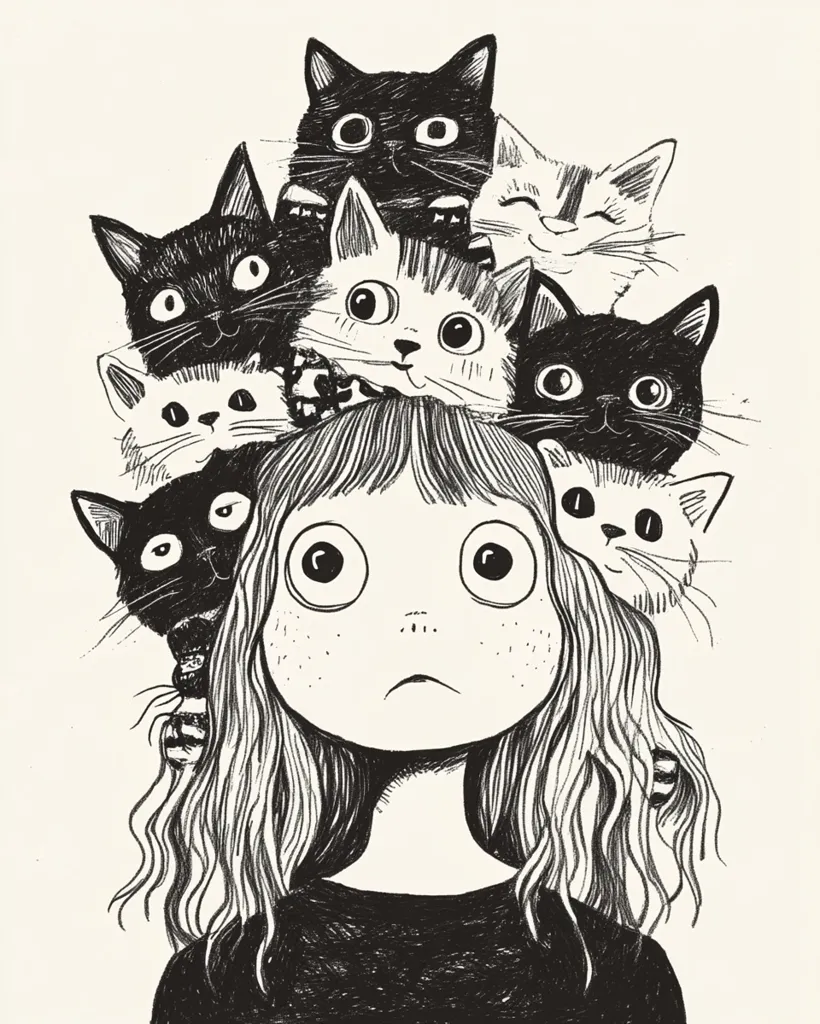 The illustration depicts a young girl with wide eyes and a worried expression, surrounded by a multitude of cats. The cats, drawn in black and white, are of various breeds and sizes, and they appear to be playfully perched on her head and shoulders. The girl's hair flows around her face, and she wears a simple black shirt. The image conveys a sense of both affection and overwhelm, suggesting a playful yet chaotic relationship between the girl and her feline companions.  The minimalist black and white style adds a touch of whimsy and surrealism to the scene.