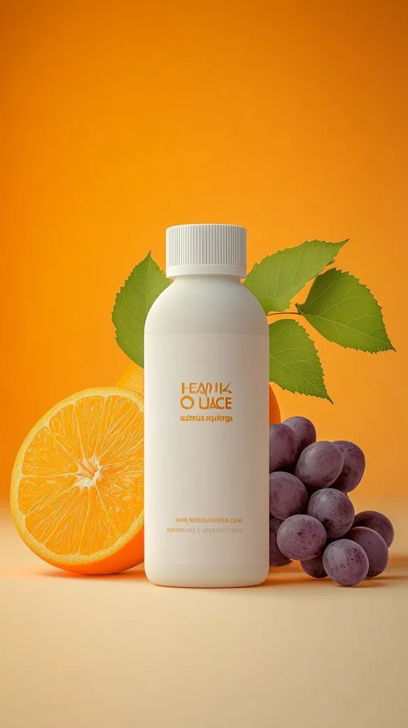 A white bottle with the words "HEALIK O UACE" and "citrus springs" is positioned in the center of the image. It is surrounded by a half slice of orange, a cluster of grapes, and green leaves. The background is a vibrant orange. The image has a clean and minimalist aesthetic, emphasizing the product's natural and refreshing qualities.