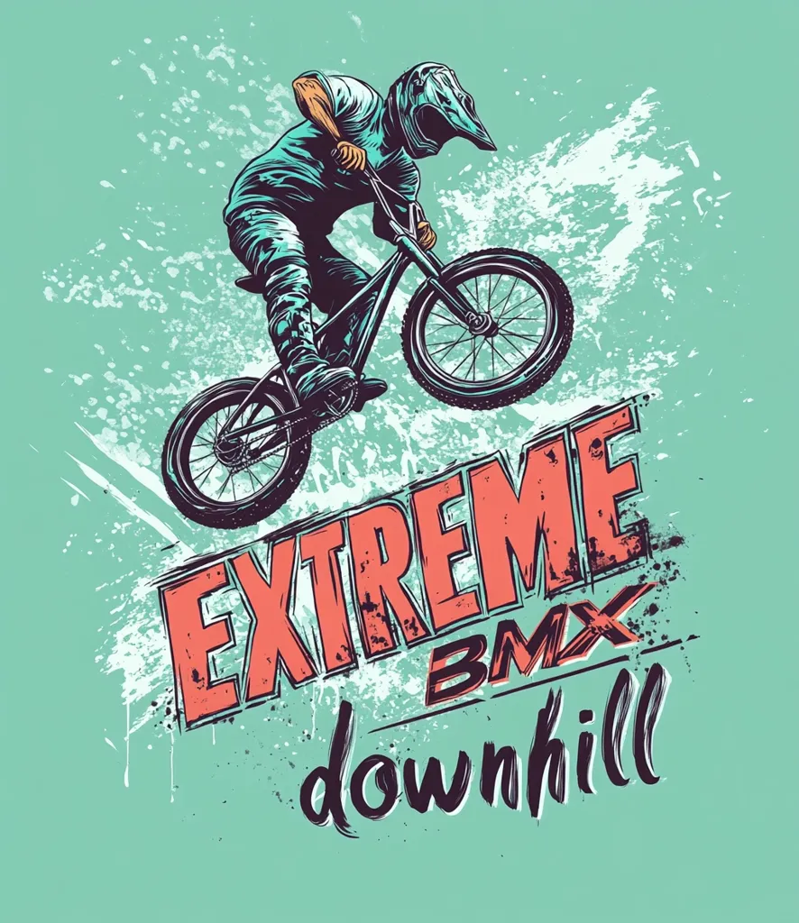 The image features a BMX rider in mid-air, performing a stunt. The rider is wearing a helmet and protective gear, and the BMX bike is in mid-air, with the front wheel pointed skyward. The background is a blue-green color, with white paint splatters giving a sense of motion and energy. The words "EXTREME BMX downhill" are written in a bold font below the rider, adding to the image's dynamic feel. The overall image is a celebration of the sport of BMX, capturing the thrill and excitement of downhill racing.