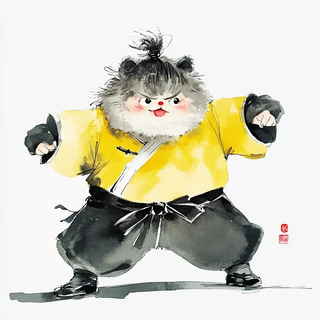 A fluffy, cartoon-like creature, resembling a bear or a dog, is depicted in a dynamic pose, as if about to strike. Dressed in a yellow robe with a black sash, the creature sports a mischievous expression with a small red nose. The artwork is painted in a loose, watercolor style, reminiscent of traditional Chinese art, adding to the charming and playful nature of the image. The creature's stance and expression evoke a sense of confidence and energy, while the overall composition suggests a playful and lighthearted spirit.  The red stamp adds an authentic touch to the piece.