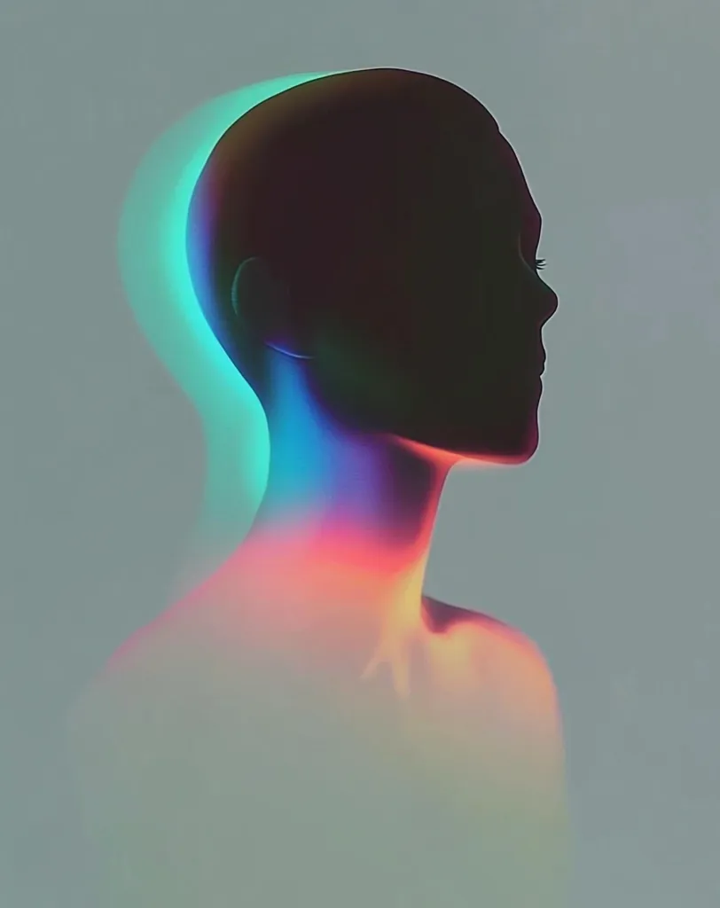 The image features a silhouette of a person's head and shoulders against a light gray background. The silhouette is bathed in a soft, ethereal glow of vibrant colors, creating a surreal and dreamlike effect. The colors shift from turquoise to pink, creating a sense of fluidity and movement. The person's profile is visible, but their features are obscured by the ethereal glow. The image evokes a feeling of mystery and introspection.