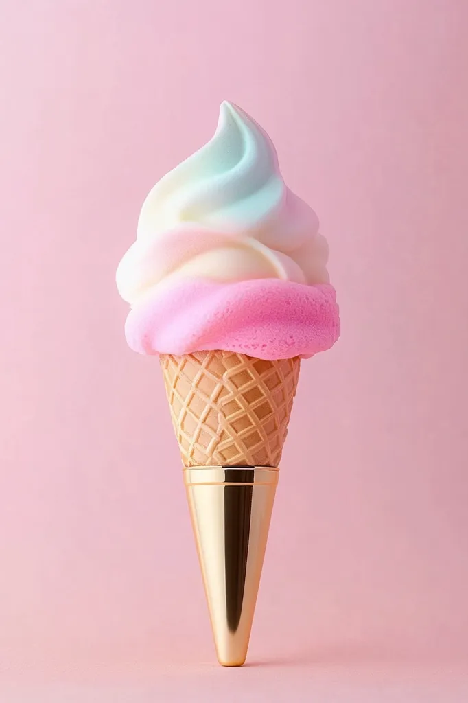 A soft serve ice cream cone stands upright on a pink background. The ice cream is layered in pastel pink, white, and light blue. The cone is a traditional waffle cone with a golden-colored bottom. The image is simple and captures the essence of summer fun and treats.