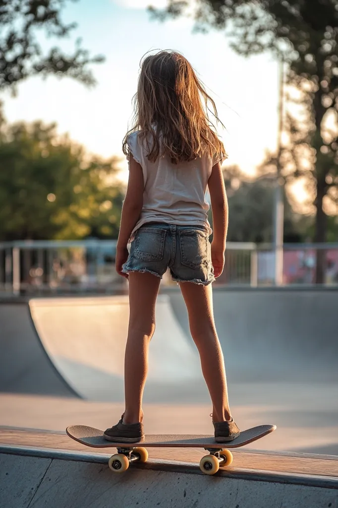 A young girl in a white t-shirt and denim shorts stands on a skateboard, her long brown hair cascading down her back. She is facing away from the camera, looking out towards a blurred background of trees and a skatepark. The skateboard is positioned on a concrete ramp, with the girl's feet planted firmly on the deck. The sun is setting, casting a warm glow on the scene.  The girl's pose suggests a moment of contemplation or preparation before she begins to skate.