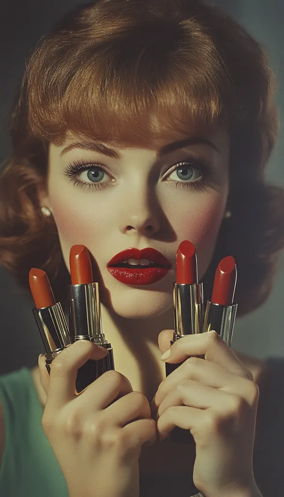 A woman with red hair and bright red lipstick holds four lipstick tubes in her hands. She is looking directly at the camera with a soft and innocent expression. The background is out of focus, and the lighting is soft and warm. The woman’s makeup is immaculate, and she appears to be wearing a green top. Her hands are smooth and well-manicured. The image is evocative of a vintage style.
