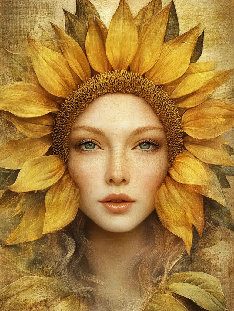 A woman with fair skin and long, wavy hair is framed by a large sunflower. The petals of the sunflower are a vibrant yellow and orange, and the woman's face is soft and delicate. The background is a warm, golden color, creating a sense of warmth and light. The image is stylized and dreamlike, capturing the beauty of nature and the ethereal grace of a woman.  The image is full of symbolism and evokes a sense of peace and serenity.