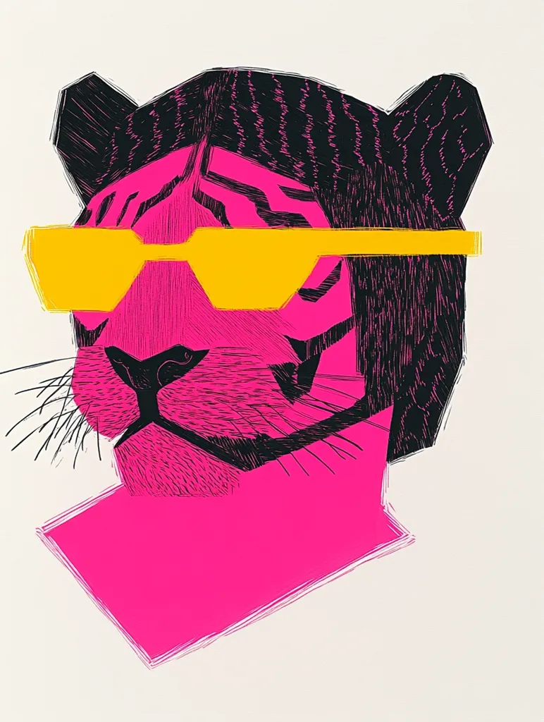 The image is a stylized illustration of a tiger's face. The tiger has a pink body and black stripes, and it is wearing large yellow sunglasses. The background is white, and the lines in the illustration are bold and expressive, giving the image a graphic and modern feel. The tiger's gaze is direct and confident, conveying a sense of cool and attitude. The overall effect is playful and eye-catching, with the vibrant colors and bold design creating a striking visual statement.