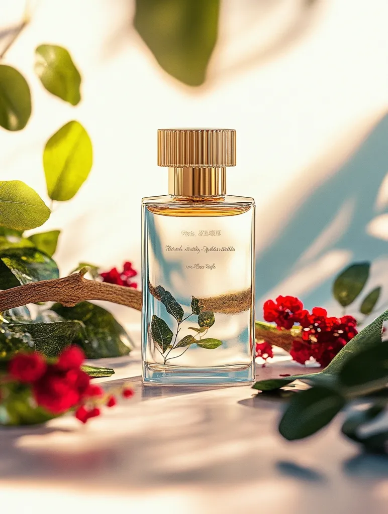 A glass bottle of perfume with a gold cap sits on a white surface. The bottle is filled with a clear liquid and has a small sprig of leaves suspended inside. The bottle is surrounded by green leaves and red flowers. The background is a soft, out-of-focus blur of light and color. The overall image is serene and elegant, with a sense of natural beauty.