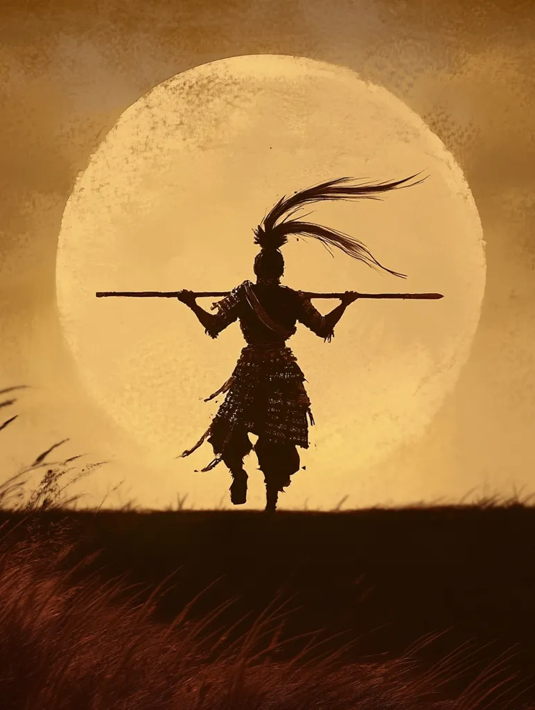 The image depicts a silhouette of a samurai warrior against a large, golden moon. The samurai is holding a spear in both hands and has a long ponytail flowing behind him. The warrior's silhouette is set against a backdrop of tall grass, creating a sense of isolation and drama. The image evokes a sense of strength, determination, and the warrior's connection to nature. The golden hues suggest a setting sun or moon, further adding to the image's dramatic and evocative atmosphere.