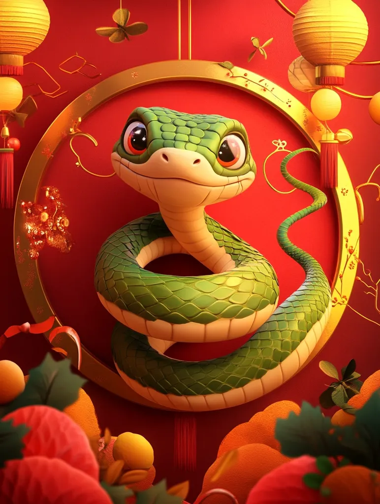 A cartoon green snake with big eyes and a friendly smile sits inside a gold circle on a red background. The snake is curled up with its tail behind it, and there are red and gold decorations around it. It looks like a happy snake celebrating a special occasion.  The image is likely related to the Chinese New Year as the snake is one of the zodiac animals.
