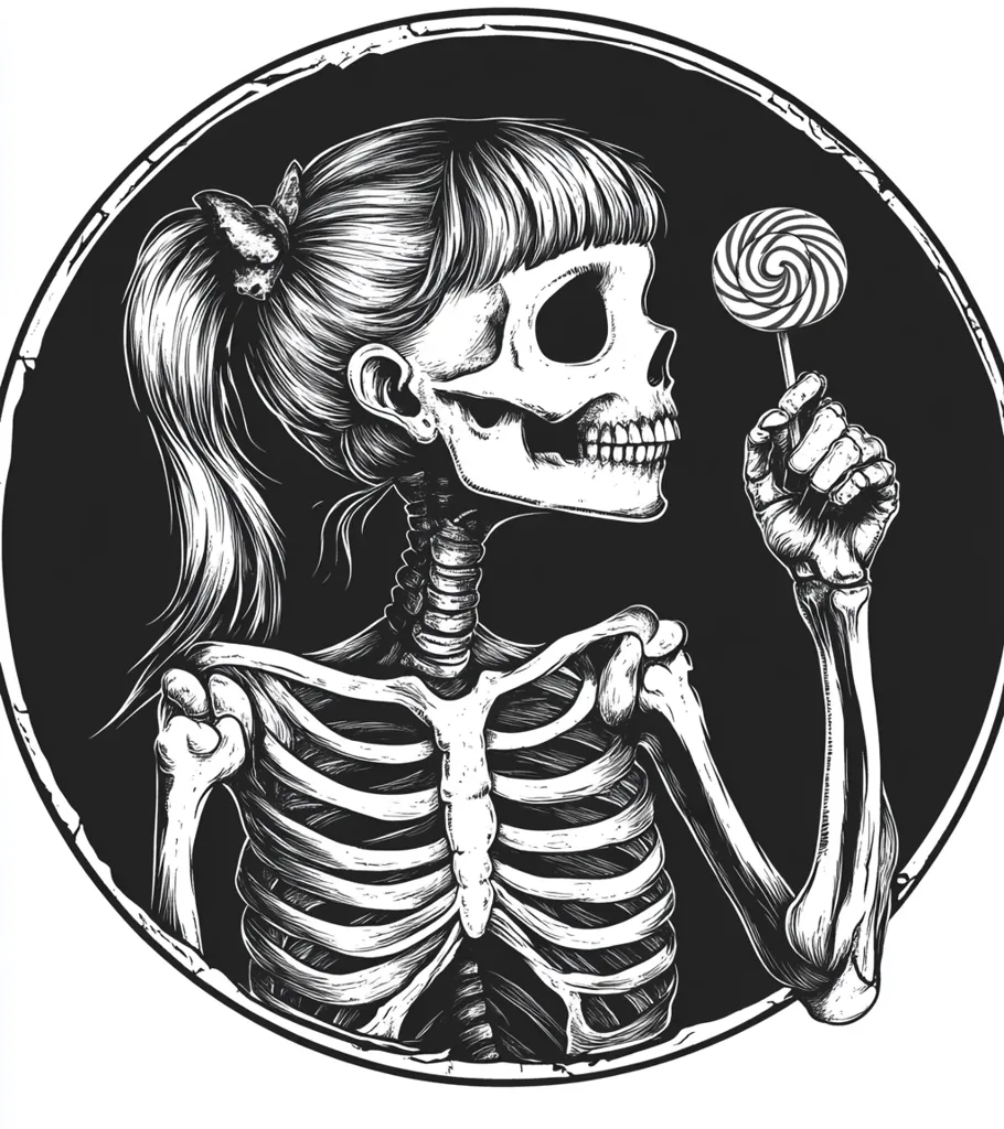 A black and white illustration of a skeleton girl with long, flowing hair. She is wearing a bow in her hair and holding a lollipop with a swirl pattern. The illustration is set against a dark circular background. The image is detailed and has a gothic aesthetic.  The image creates a sense of both sweetness and darkness.