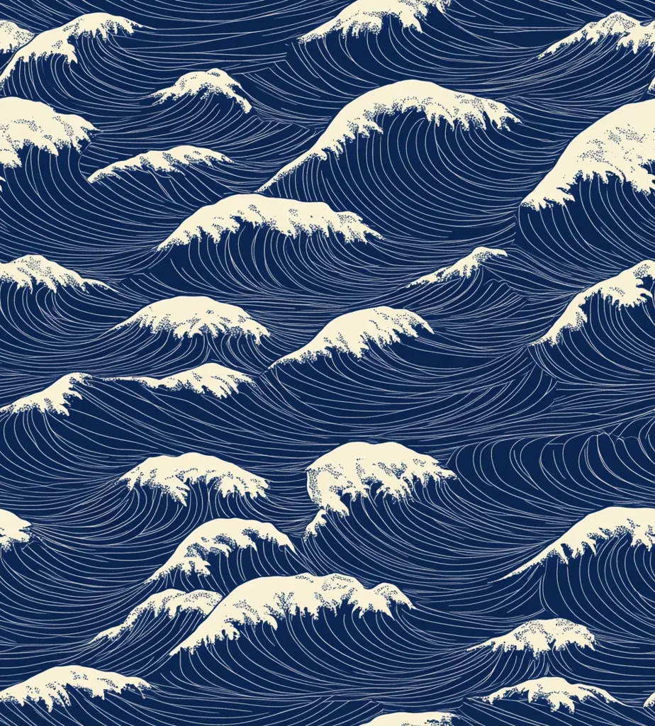 The image is a repeating pattern of stylized waves in shades of blue and white. The waves are drawn in a detailed and elegant style, with intricate lines and curves. The pattern evokes a sense of movement and flow, suggesting the rhythm and energy of the ocean. The blue background provides a calm and serene backdrop, while the white waves create a sense of contrast and depth. Overall, the image is visually appealing and conveys a sense of tranquility and beauty.