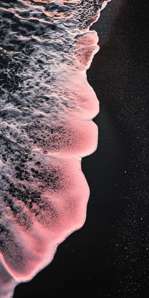 A close-up shot of a foamy wave breaking on a black sand beach. The wave is tinted with a soft pink hue, creating a beautiful contrast against the dark sand. The sand itself is covered in tiny white specks, adding a layer of texture to the image. The photograph captures the ephemeral beauty of the ocean and its ever-changing nature.