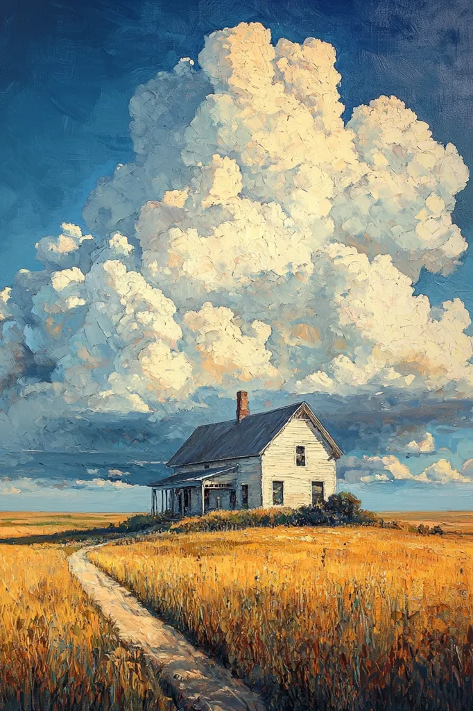 A white farmhouse with a wraparound porch sits in a field of tall grass, a dirt path leading up to it. A large, fluffy cloud dominates the sky, casting a shadow over the field. The sky is a mix of blue and grey, suggesting a possible storm on the horizon. The scene evokes a sense of peace and solitude, a place where one could find quiet reflection. The brushstrokes are visible, adding texture and depth to the painting.